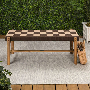 Denis 48" 2-Seat Backless 700-Lbs Support Acacia Wood Outdoor Bench With Checkerboard Woven Rope Seat